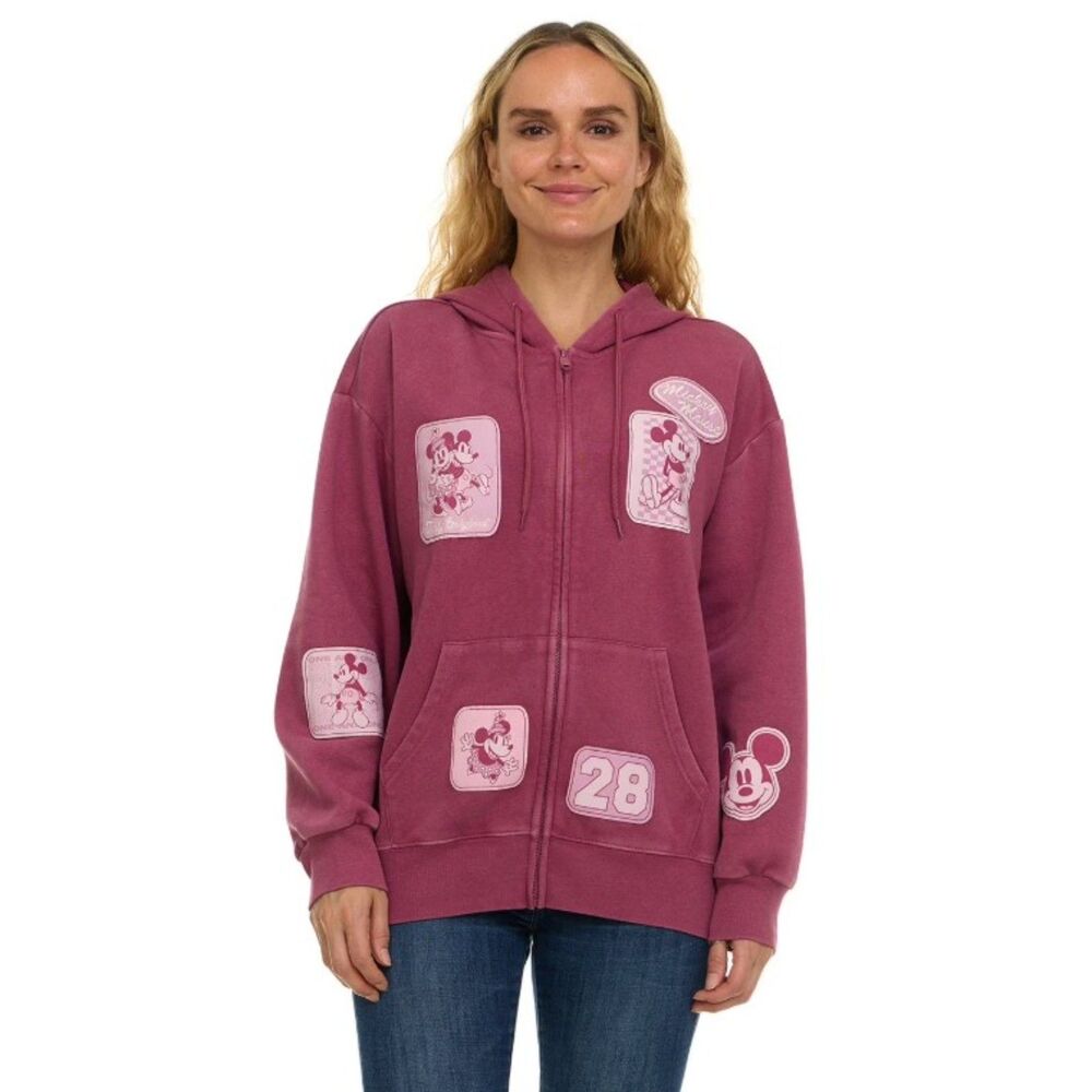 NEW NWT Pinkish Red Sz XS Multi-Patch MICKEY & MINNIE MOUSE Hooded Jacket DISNEY - Picture 1 of 8